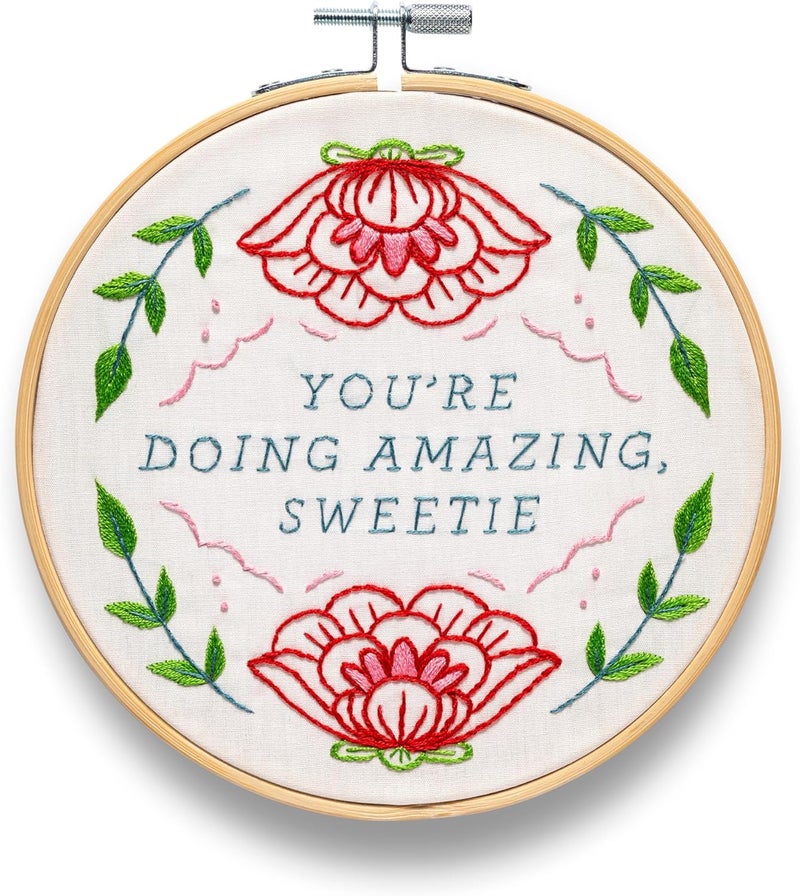 You're Doing Amazing Sweetie Embroidery Kit | Beginner Needle Work Starter Set for Adults | Needlepoint DIY Arts and Crafts | Cross Stitch Set with Hoop Floss Needles Threader Printed Fabric
